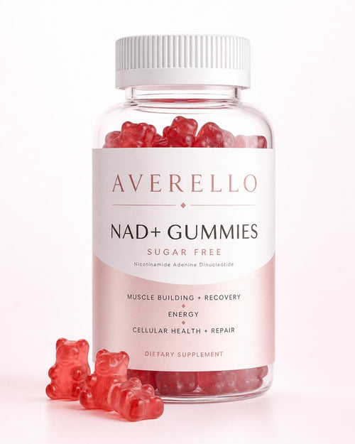 Averello NAD+ Gummies sugar-free bottle with red gummies