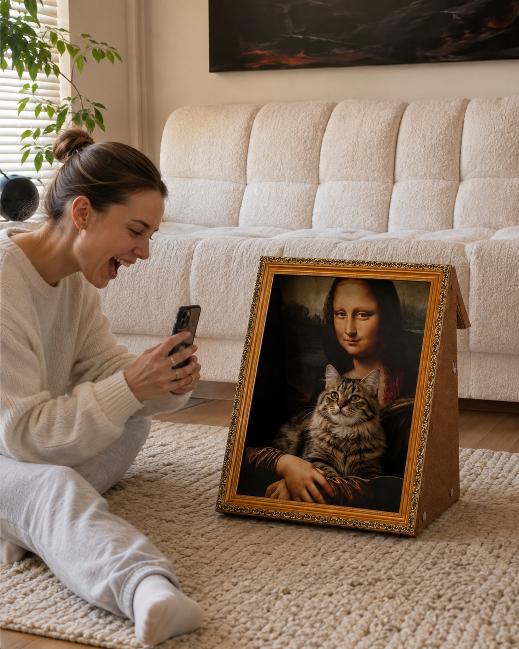 Cat parent photographing her cat inside the Masterpiece lounger