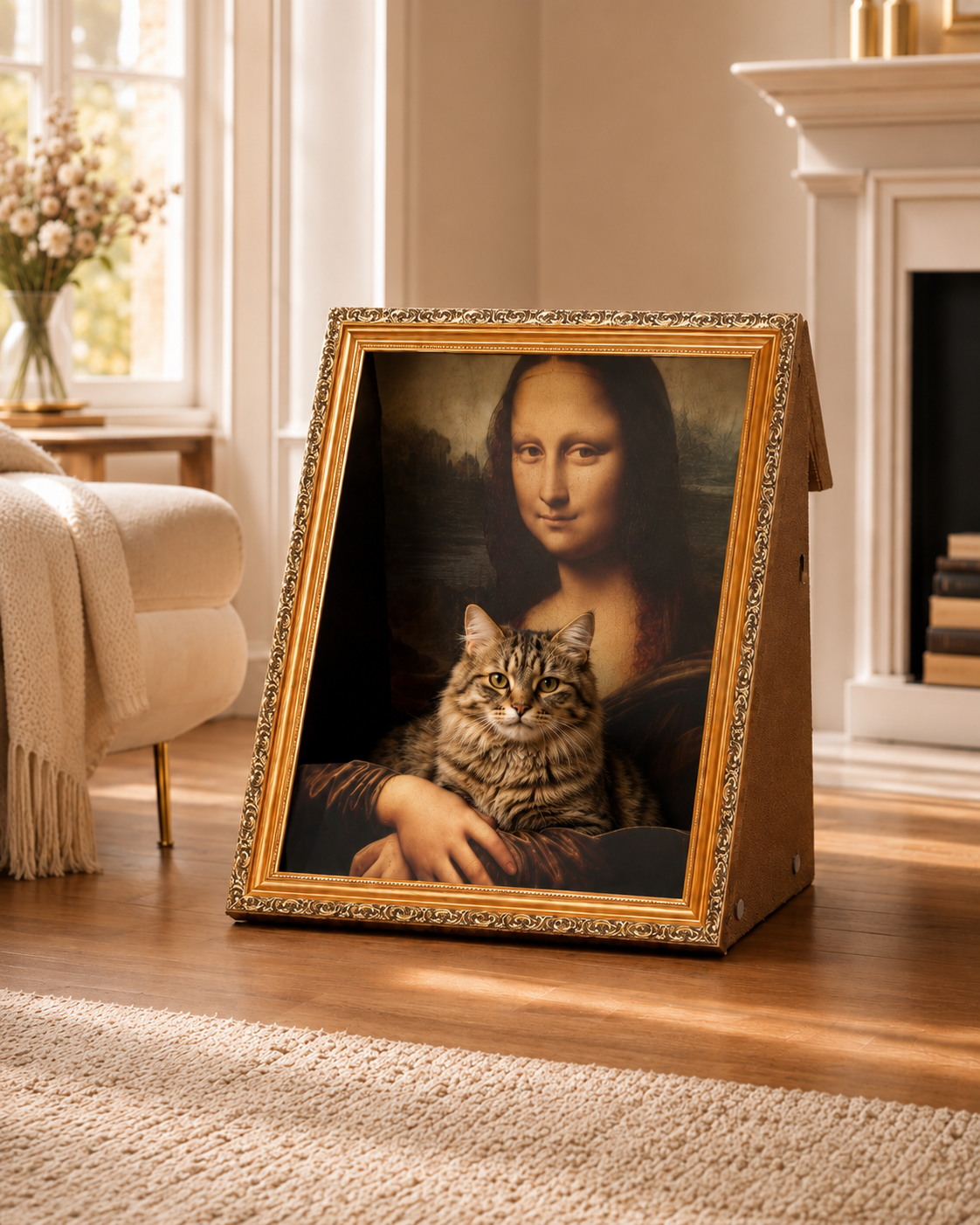 Cat sitting inside the Mona Lisa cat lounger