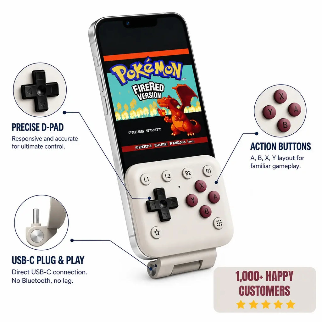 Averello Mobile Gamepad attached to a phone showing the precise D-pad, action buttons and USB-C plug and play connection