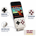 Averello Mobile Gamepad attached to a phone showing the precise D-pad, action buttons and USB-C plug and play connection