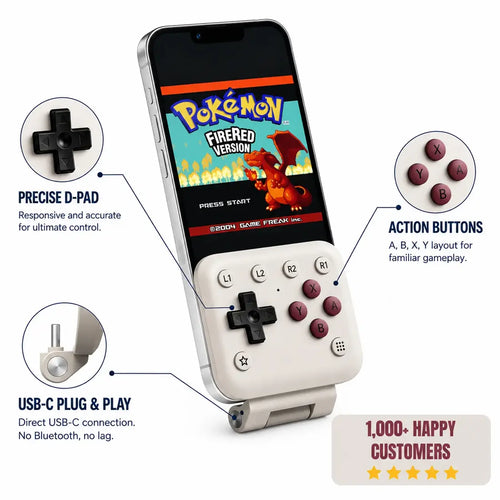 Averello Mobile Gamepad attached to a phone showing the precise D-pad, action buttons and USB-C plug and play connection