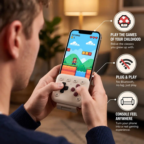 Man playing a retro platformer on his phone with the Averello Mobile Gamepad attached