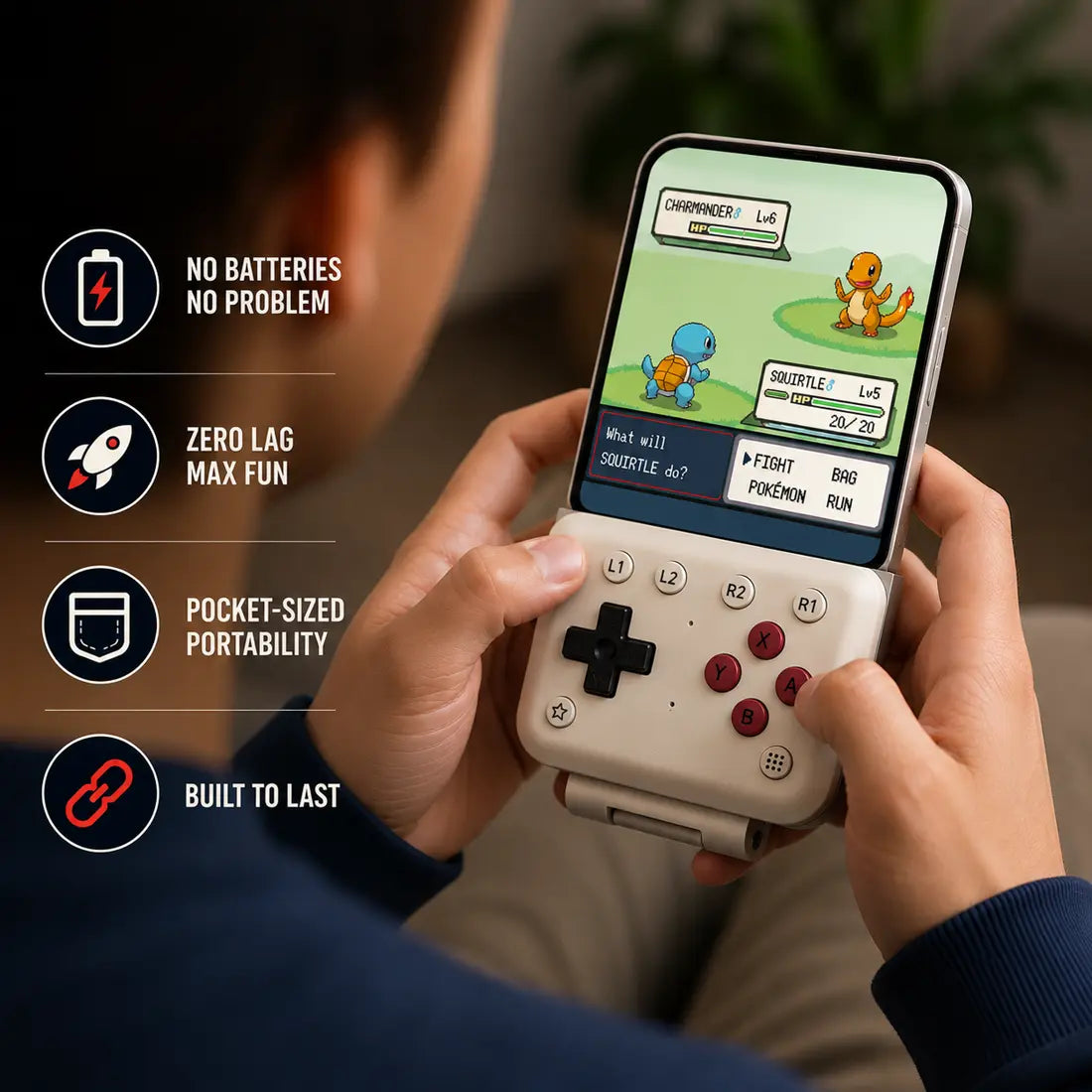 Close-up of the Averello Mobile Gamepad in use: no batteries, zero lag, pocket-sized and built to last